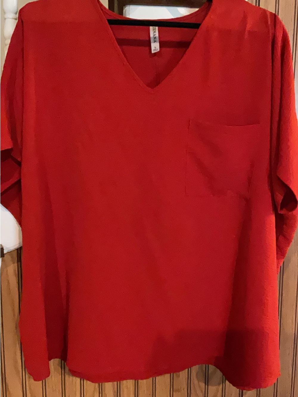 Women's V-Neck Pocket Top in Red - Relaxed Everyday Tee